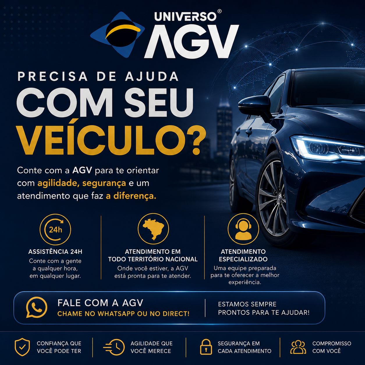 Material Universo AGV sobre assistência 24 horas e atendimento nacional